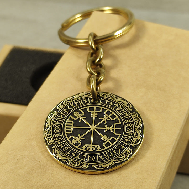 Brass Keychain Coin "Vegvisir" — Personalized Runic Compass with Engraving