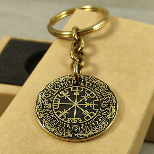Brass Keychain Coin "Vegvisir" — Personalized Runic Compass with Engraving