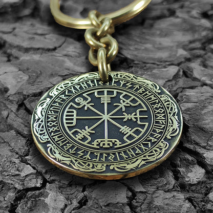 Brass Keychain Coin "Vegvisir" — Personalized Runic Compass with Engraving