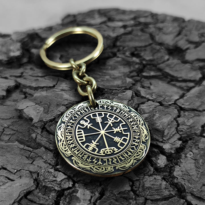 Brass Keychain Coin "Vegvisir" — Personalized Runic Compass with Engraving