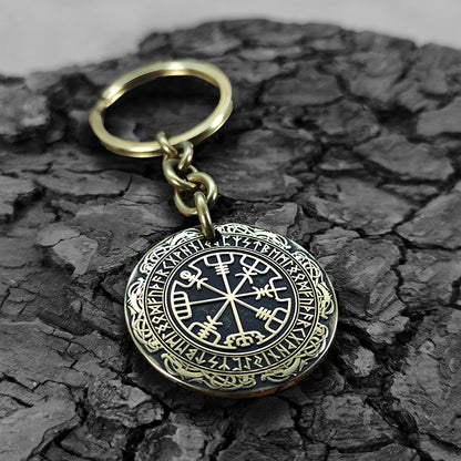 Brass Keychain Coin "Vegvisir" — Personalized Runic Compass with Engraving