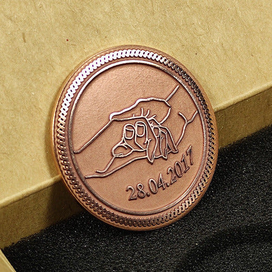 Copper Personalized Coin with Hands and Date — Meaningful Gift for Couple or Family