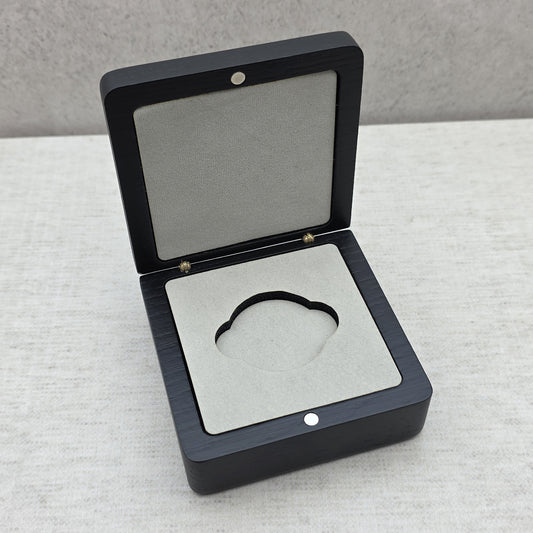 Open black ash wood coin box with premium light gray velvet insert and double side notches, luxury challenge coin display case.