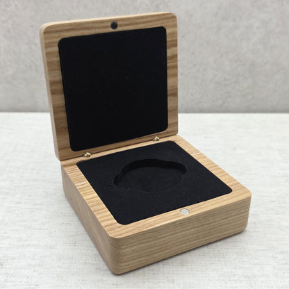 Open light ash wood coin box with premium black velvet insert and double side notches, luxury challenge coin display case.