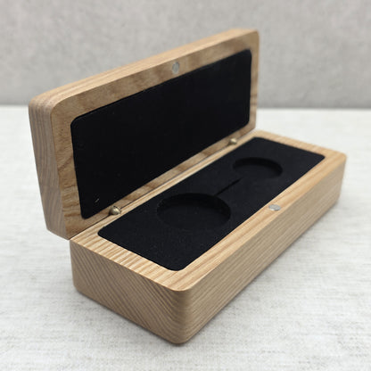 Open solid ash wood presentation box side view with black velvet foam insert and magnetic closure