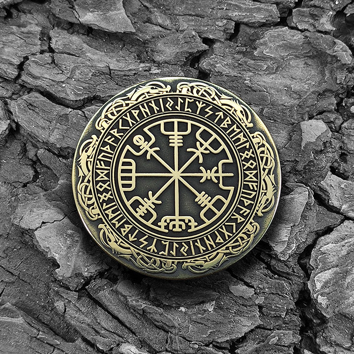 Brass Coin with Vegvisir Symbol — Scandinavian Amulet of Guidance and Protection