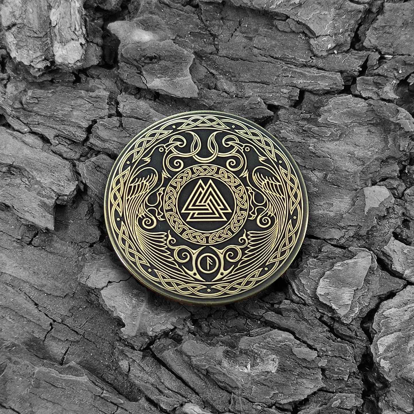 Brass Valknut Coin — Knot of the Fallen with Odin’s Ravens and Personalization