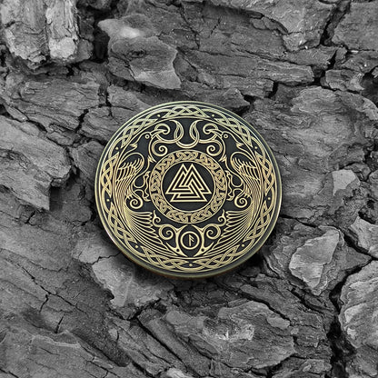 Brass Valknut Coin — Knot of the Fallen with Odin’s Ravens and Personalization