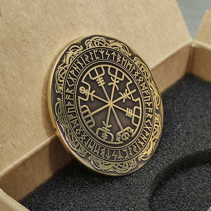 Brass Coin with Vegvisir Symbol — Scandinavian Amulet of Guidance and Protection