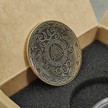 Brass Valknut Coin — Knot of the Fallen with Odin’s Ravens and Personalization