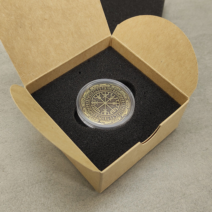 Brass Coin with Vegvisir Symbol — Scandinavian Amulet of Guidance and Protection