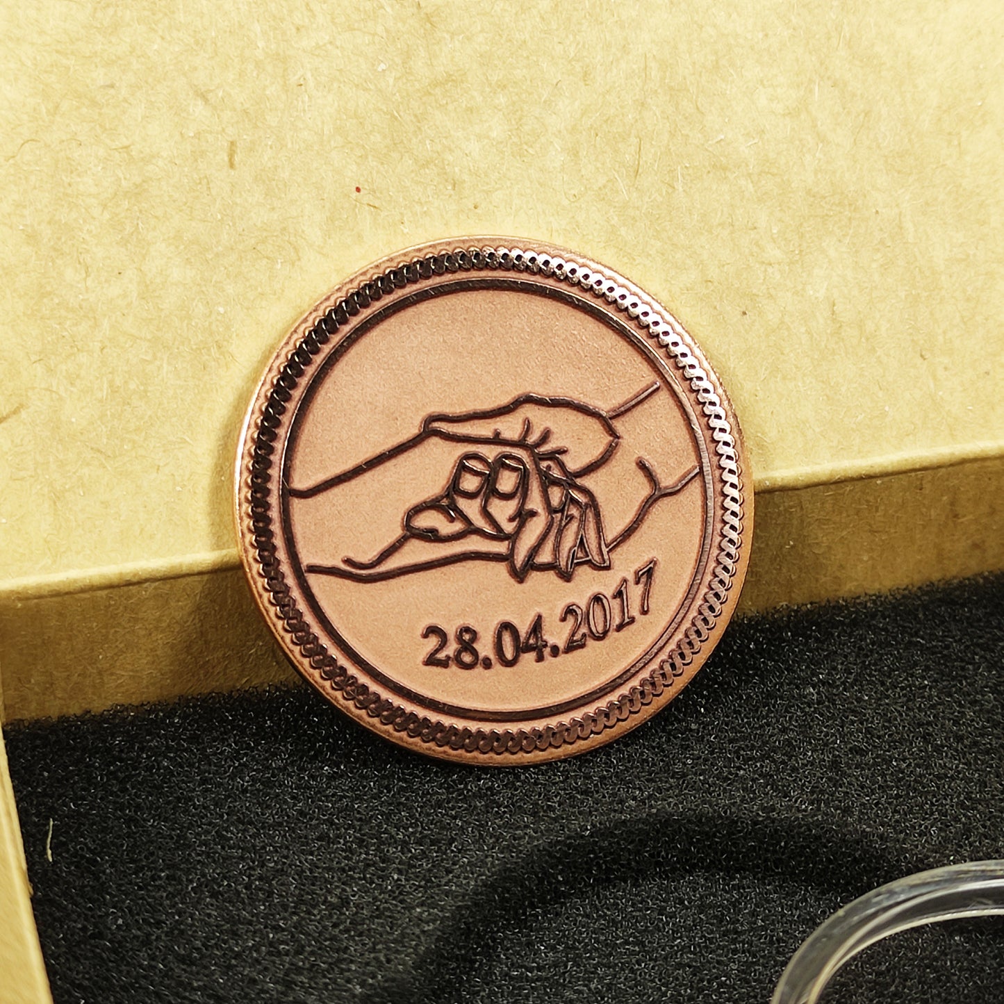 Copper Personalized Coin with Hands and Date — Meaningful Gift for Couple or Family