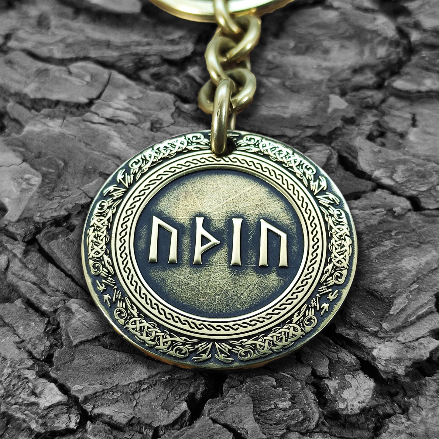 Brass Rune Coin Keychain with Personalized Futhark or Veles Symbols