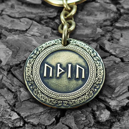 Brass Rune Coin Keychain with Personalized Futhark or Veles Symbols