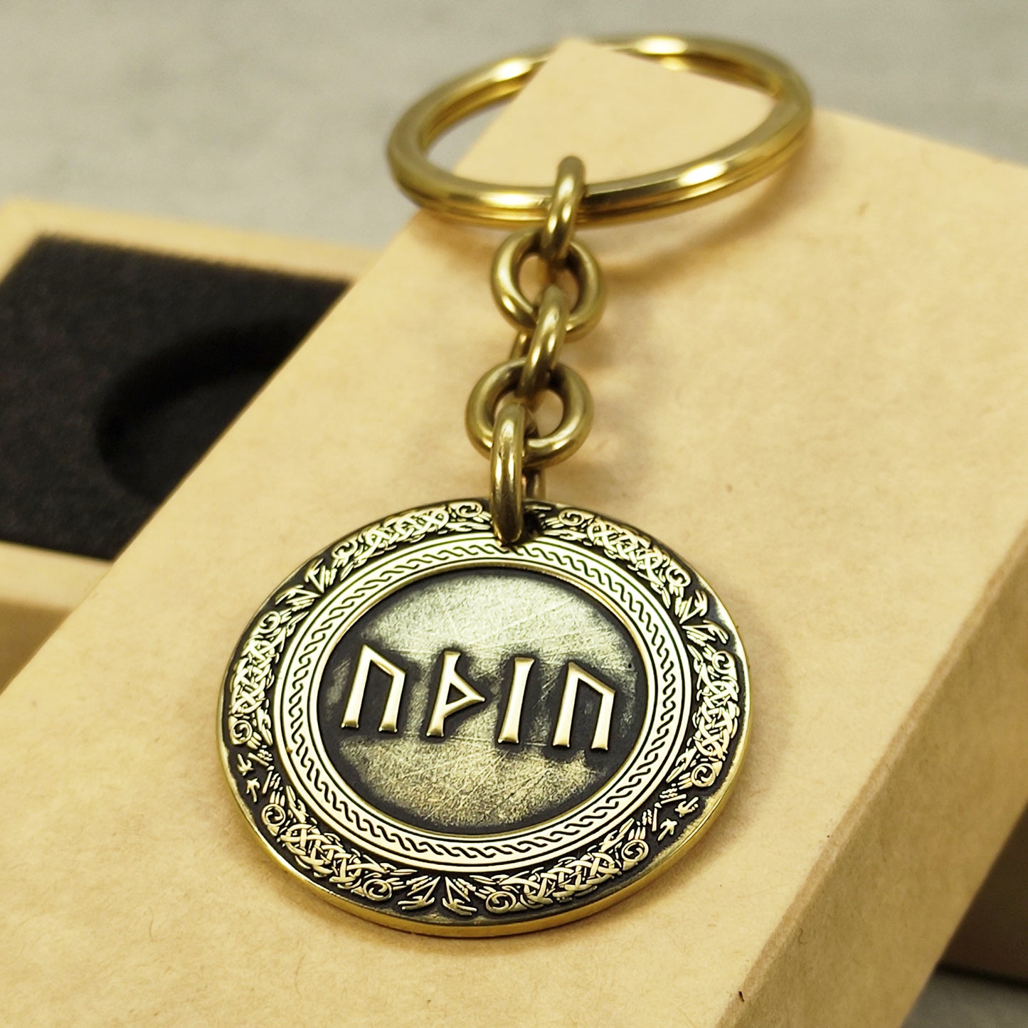 Brass Rune Coin Keychain with Personalized Futhark or Veles Symbols