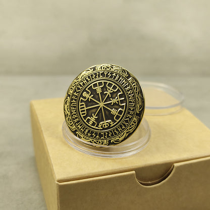 Brass Coin with Vegvisir Symbol — Scandinavian Amulet of Guidance and Protection
