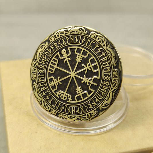 Brass Coin with Vegvisir Symbol — Scandinavian Amulet of Guidance and Protection