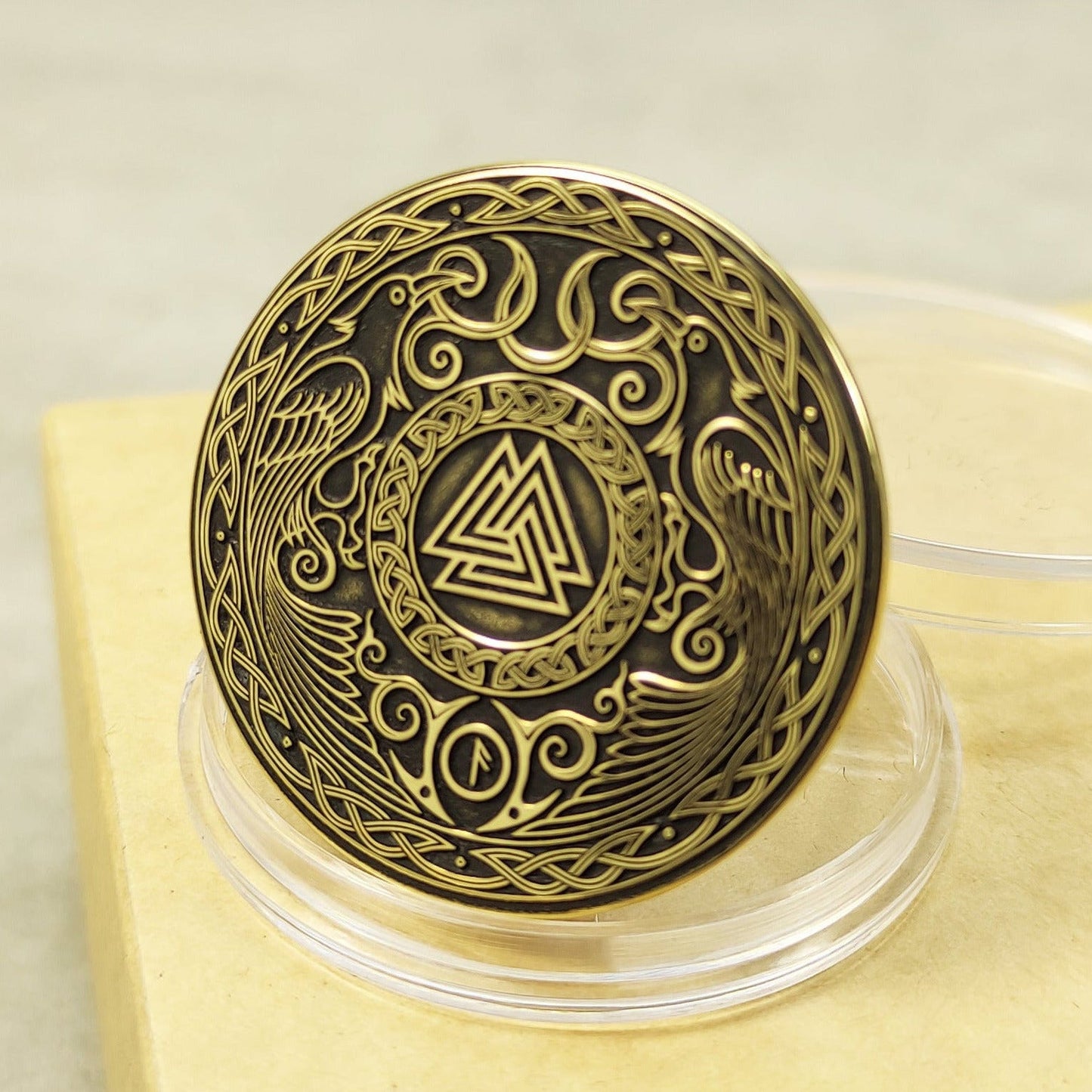 Brass Valknut Coin — Knot of the Fallen with Odin’s Ravens and Personalization