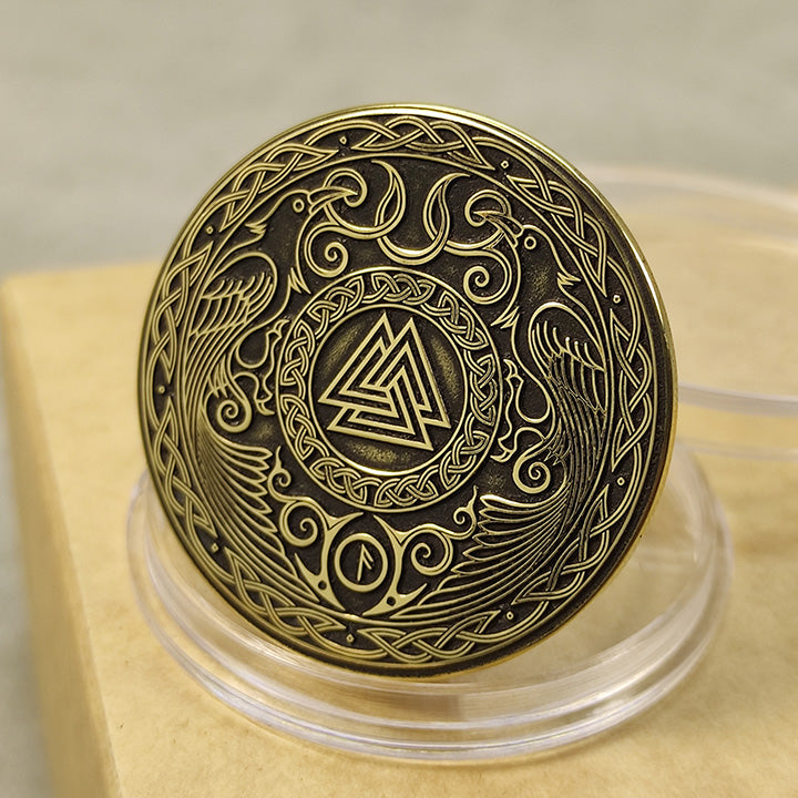 Brass Valknut Coin — Knot of the Fallen with Odin’s Ravens and Personalization