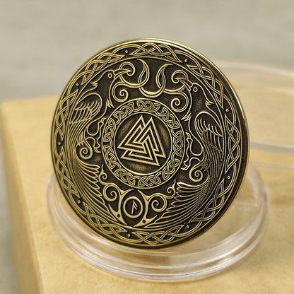 Brass Valknut Coin — Knot of the Fallen with Odin’s Ravens and Personalization