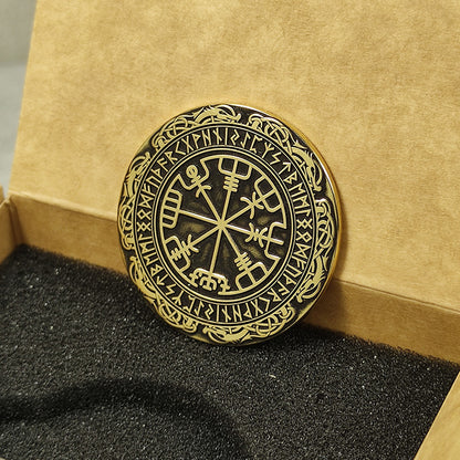 Brass Coin with Vegvisir Symbol — Scandinavian Amulet of Guidance and Protection