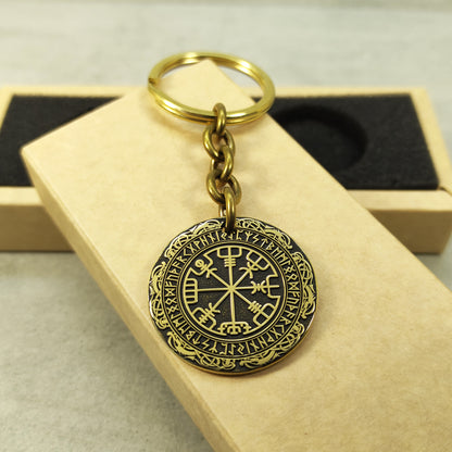 Brass Keychain Coin "Vegvisir" — Personalized Runic Compass with Engraving