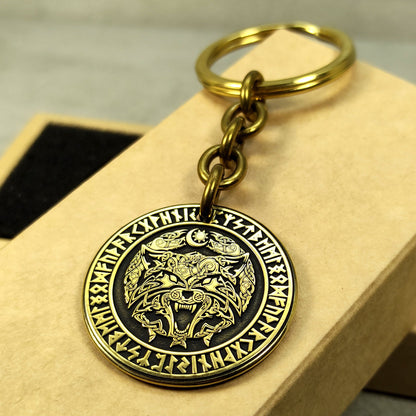 Brass Coin Keychain "Fenrir Wolf" with Personalization — Nordic Gift Talisman