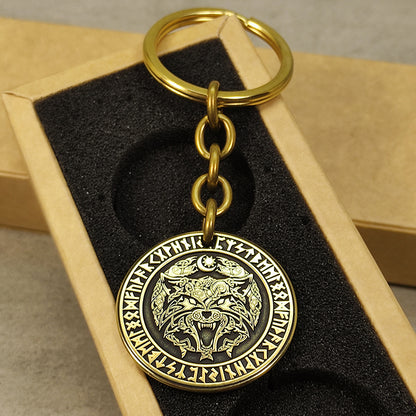 Brass Coin Keychain "Fenrir Wolf" with Personalization — Nordic Gift Talisman