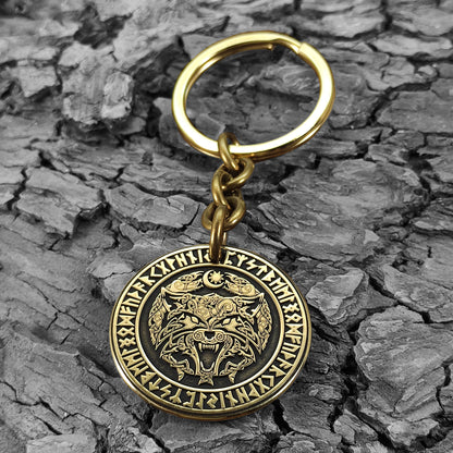 Brass Coin Keychain "Fenrir Wolf" with Personalization — Nordic Gift Talisman