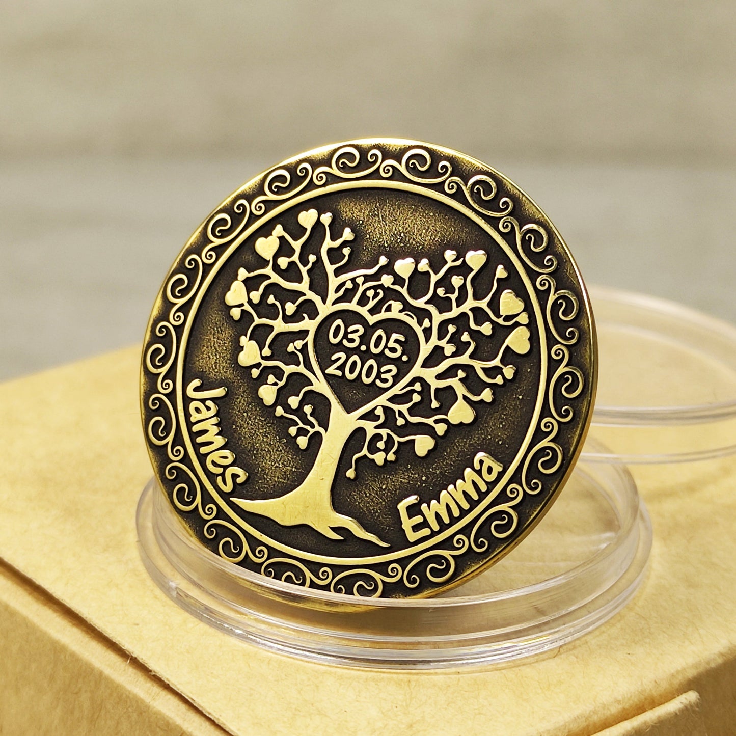 Brass Love Tree Coin – Personalized Wedding Anniversary Gift