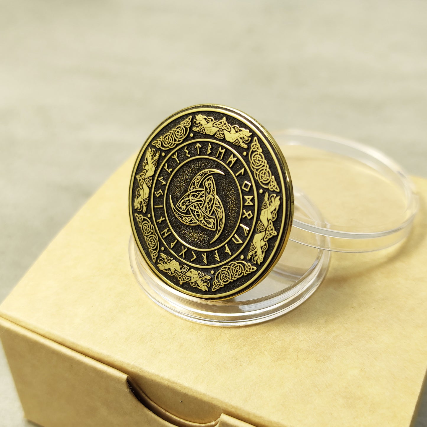 Brass Odin’s Triple Horn Coin with Runes — Norse Symbolic Gift with Personalization