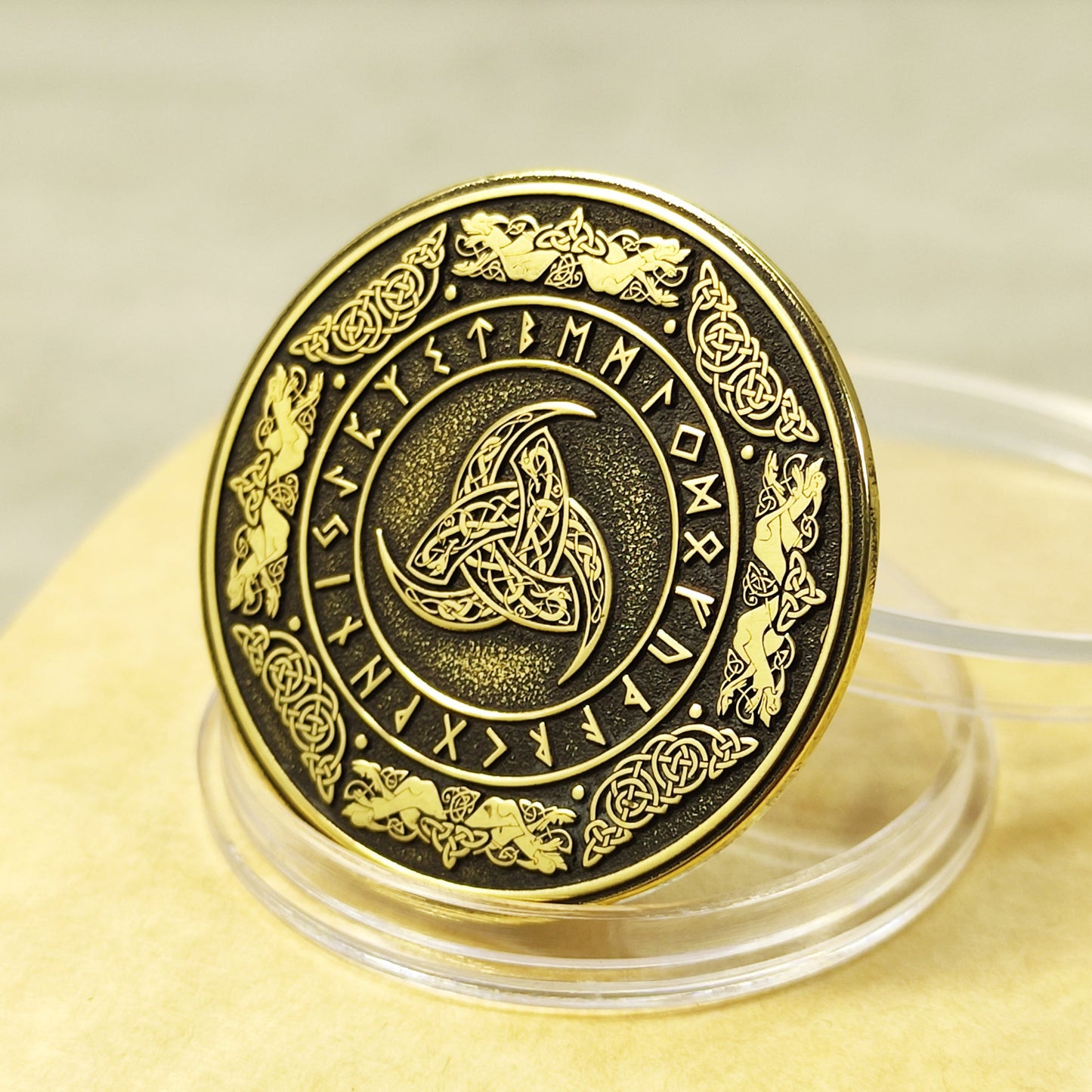 Brass Odin’s Triple Horn Coin with Runes — Norse Symbolic Gift with Personalization