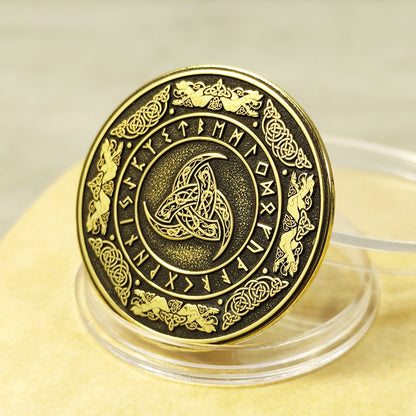 Brass Odin’s Triple Horn Coin with Runes — Norse Symbolic Gift with Personalization