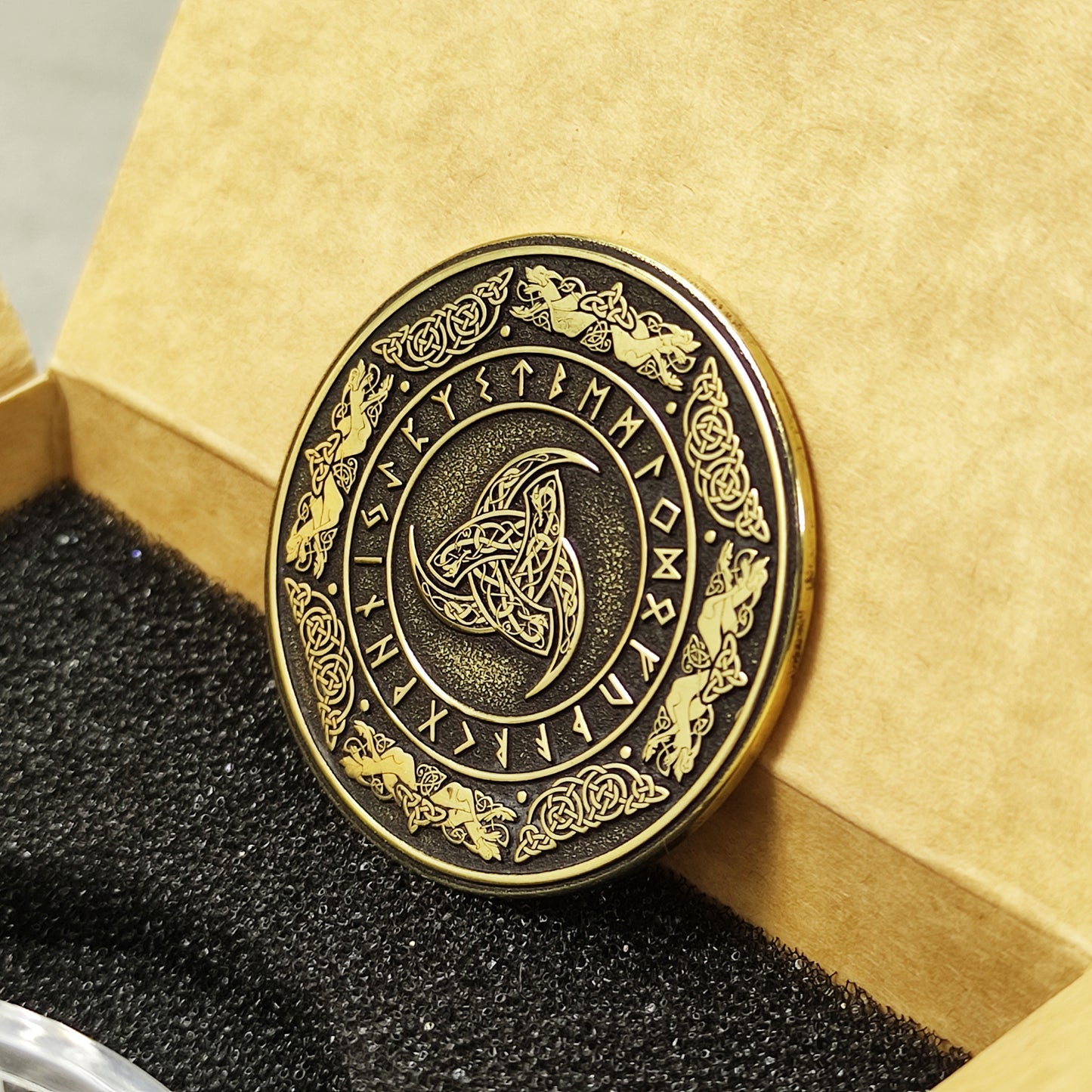 Brass Odin’s Triple Horn Coin with Runes — Norse Symbolic Gift with Personalization