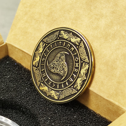 Brass Odin’s Triple Horn Coin with Runes — Norse Symbolic Gift with Personalization