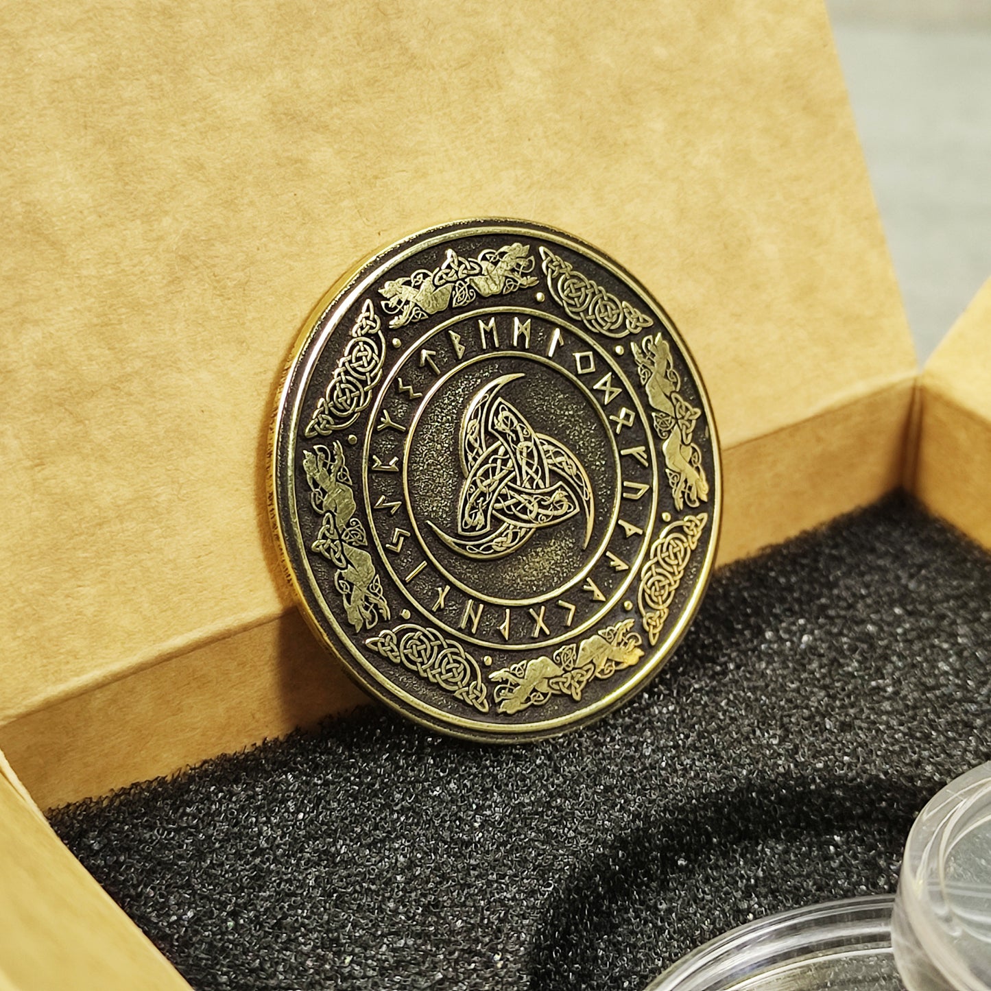 Brass Odin’s Triple Horn Coin with Runes — Norse Symbolic Gift with Personalization