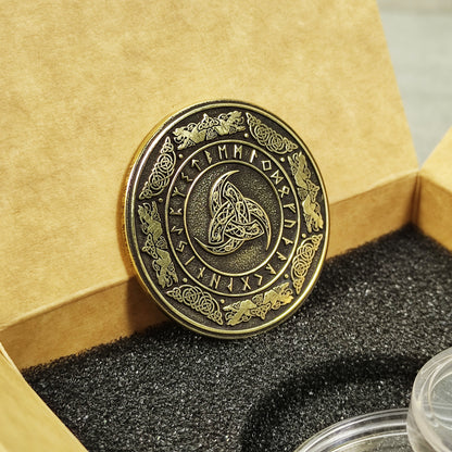 Brass Odin’s Triple Horn Coin with Runes — Norse Symbolic Gift with Personalization