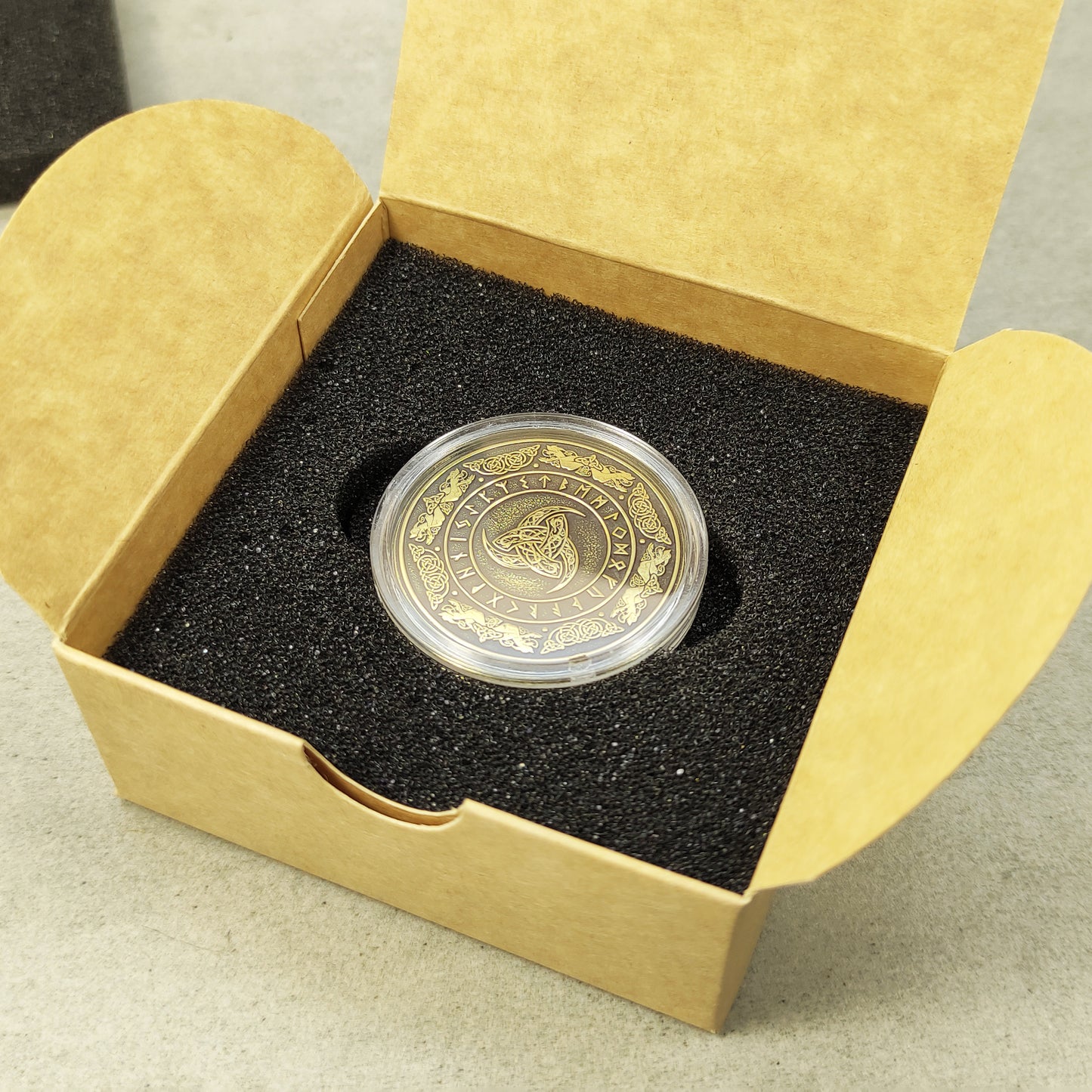 Brass Odin’s Triple Horn Coin with Runes — Norse Symbolic Gift with Personalization