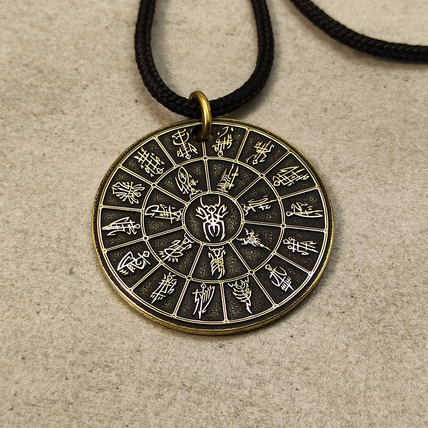 Brass Pendant Coin "Mandala Dark Elves Pantheon (Kitarai)" — Fantasy Amulet with Personalization