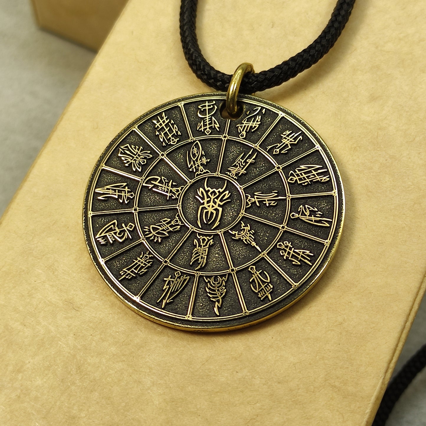 Brass Pendant Coin "Mandala Dark Elves Pantheon (Kitarai)" — Fantasy Amulet with Personalization