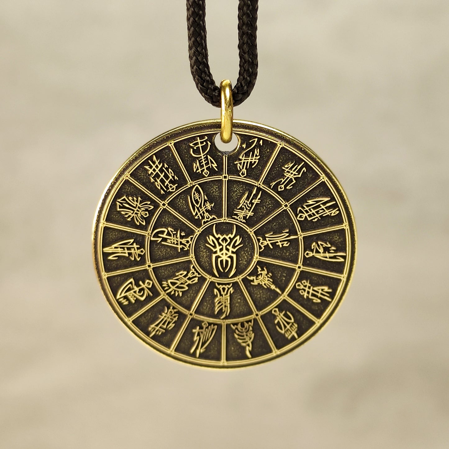 Brass Pendant Coin "Mandala Dark Elves Pantheon (Kitarai)" — Fantasy Amulet with Personalization