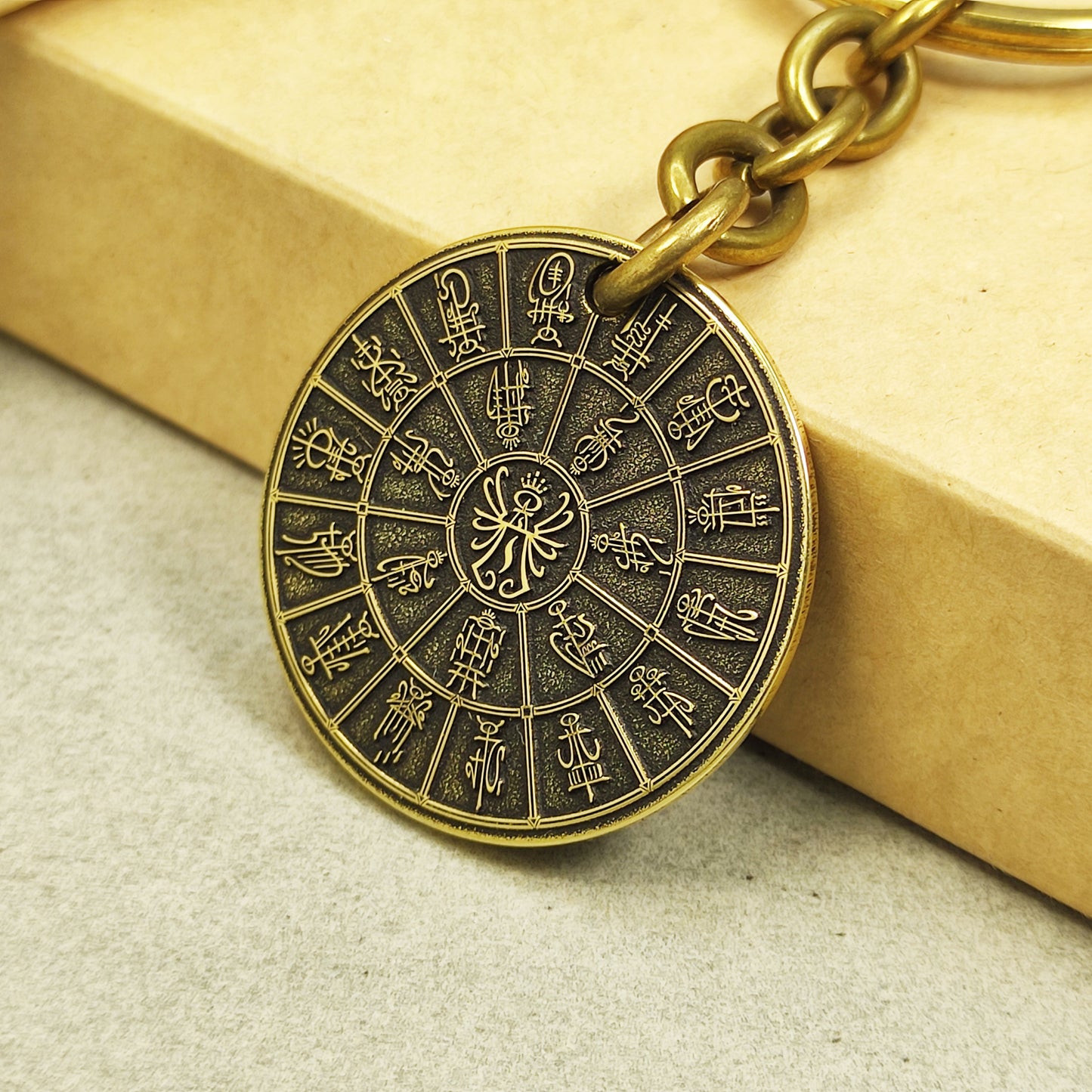 Brass Coin Keychain "Mandala High Elves Pantheon (Kaday)" with Personalization