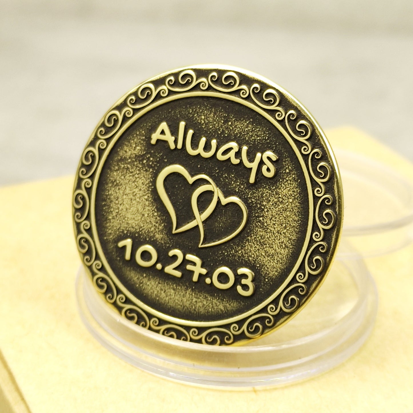 Brass Love Coin – Personalized Gift for Couples, Anniversary or Wedding with Custom Engraving