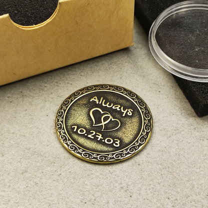 Brass Love Coin – Personalized Gift for Couples, Anniversary or Wedding with Custom Engraving