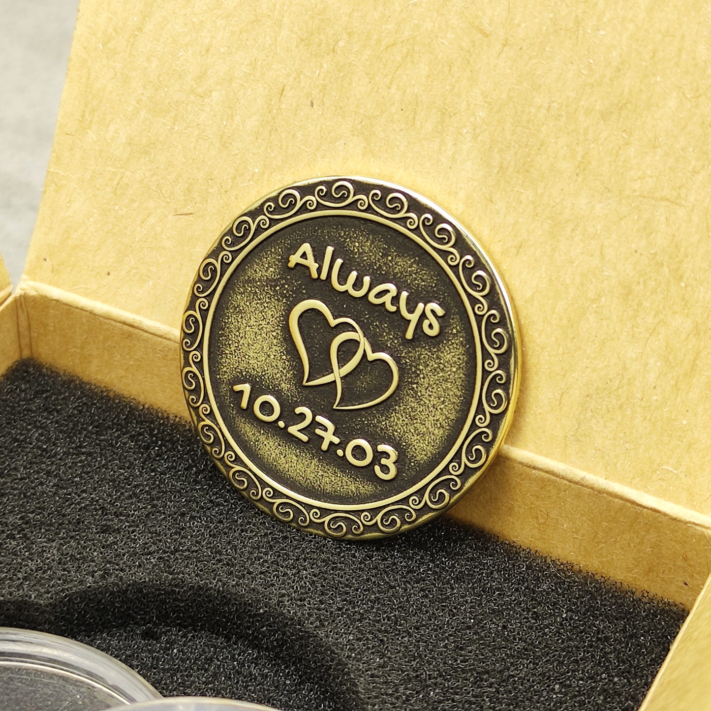 Brass Love Coin – Personalized Gift for Couples, Anniversary or Wedding with Custom Engraving
