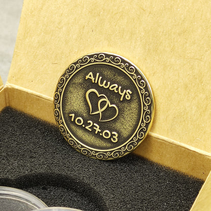 Brass Love Coin – Personalized Gift for Couples, Anniversary or Wedding with Custom Engraving