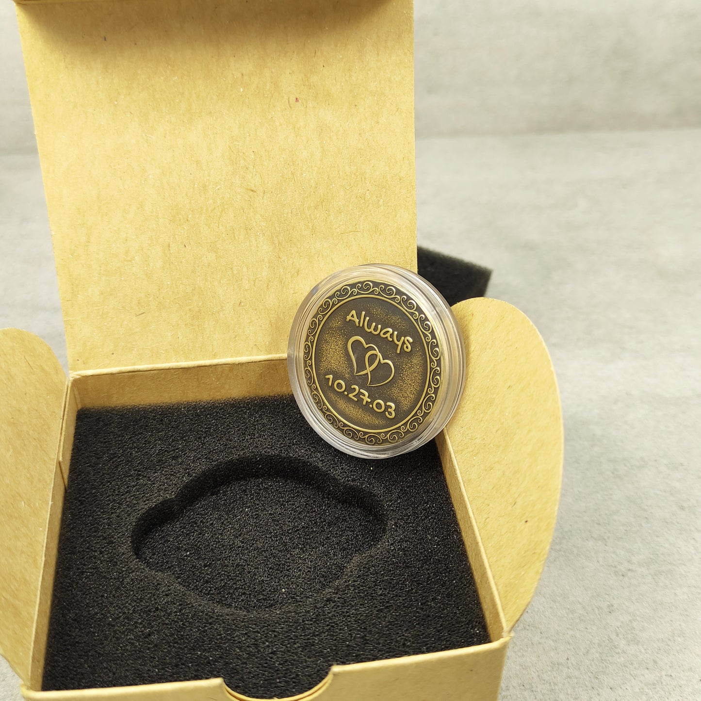 Brass Love Coin – Personalized Gift for Couples, Anniversary or Wedding with Custom Engraving