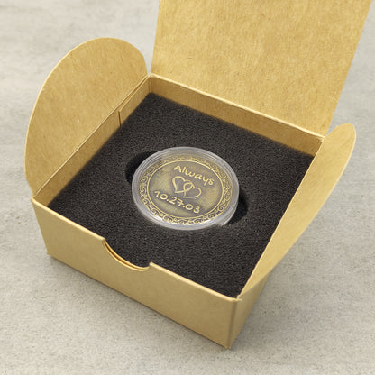Brass Love Coin – Personalized Gift for Couples, Anniversary or Wedding with Custom Engraving