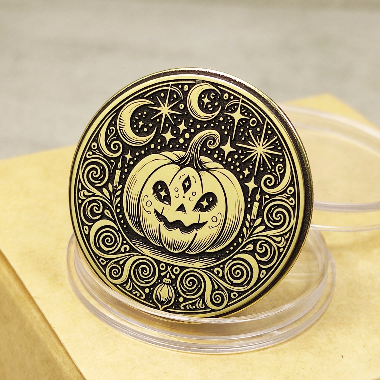 Brass "Mystic Pumpkin" Coin with Personalization — Magical Halloween Collectible