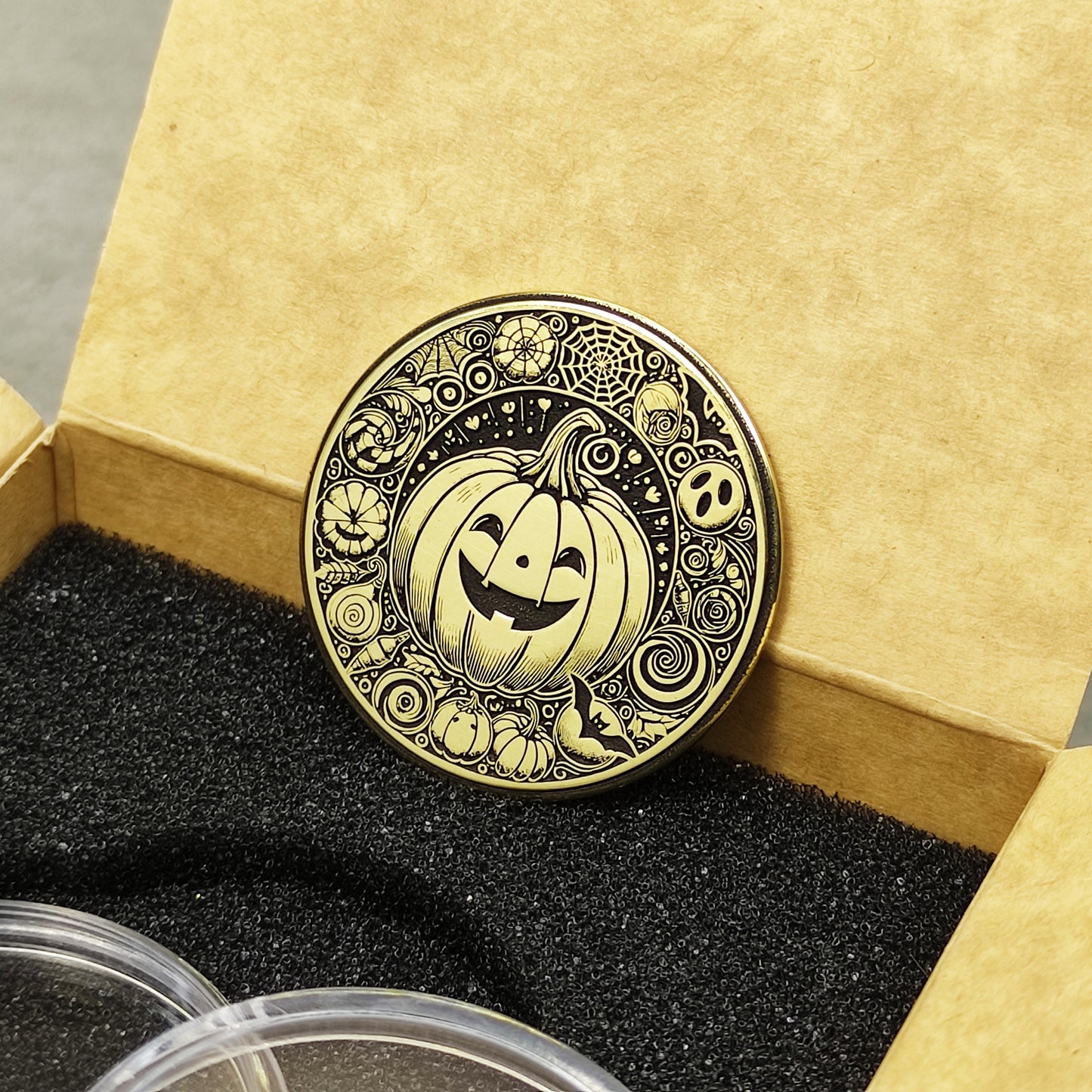 Brass "Jack-O’-Lantern" Coin with Personalization — Festive Halloween Gift